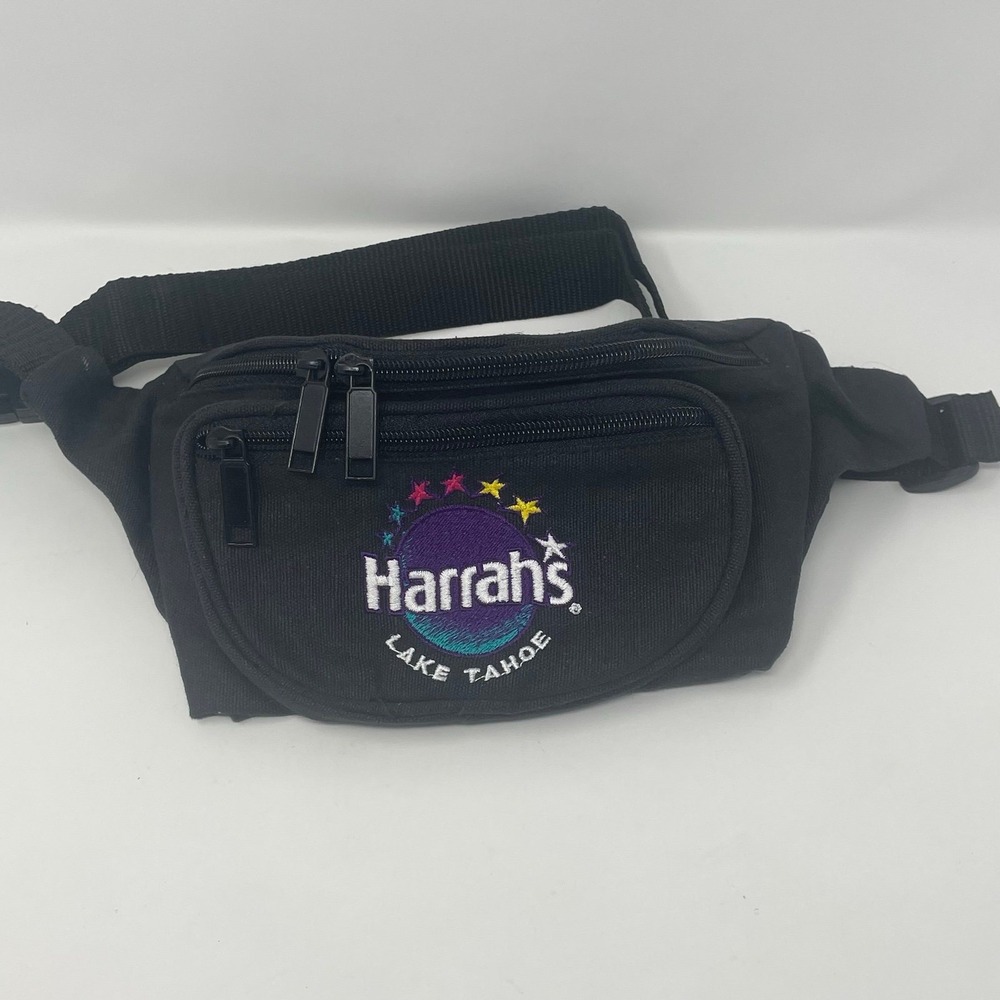 Vintage Harrah's Lake Tahoe Embroidered Black Fanny Pack Waist Bag Ramie Cotton